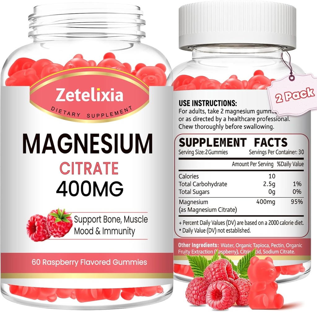 2 Pack Magnesium Citrate Gummies 400MG, High Absorption Magnesium Gummies for Adults, Muscle & Teeth Support, Vegan 120 Cts