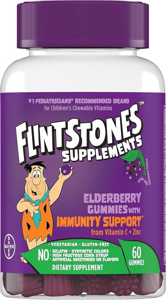 Flintstones Vitamin Elderberry Gummies til børn med Immunitet Support fra C-vitamin & Zink, immunsupport Gummies, Multivitamin til børn, Gluten Free, 60 Greve