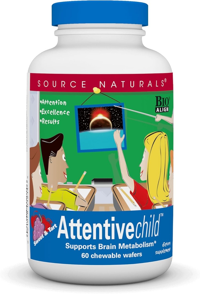 Source Naturals Attentive Child - Sunde kognitive næringsstoffer til aktive børn - Forbedret fokus og opmærksomhed med DMAE, Magnesium, Zink & Grape Seed Extract - 60 Chewable Wafers.