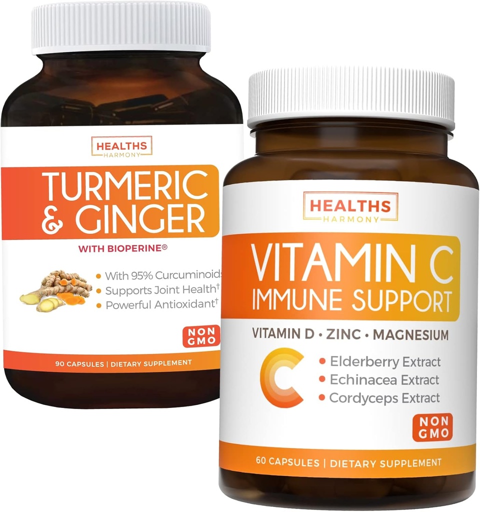 Bundle af C-vitamin immunforsvar & gurkemeje Curcumin - daglig støtte: immunforsvar + fælles sundhed - immunstøtte - C-vitamin med zink (ikke-GMO) & gurkemeje - sort peber ekstrakt (ikke-GMO)
