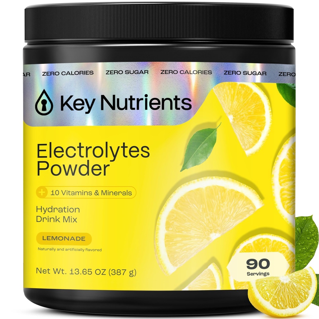 KEY NUTRIENSER Multivitamin Electrolytes Powder No Sugar - Forfriskende Lemonade Electrolyte Powder - Natrium & Energy Supplement - Hydration Powder - Ingen kalorier - 90 Servering - Made in USA