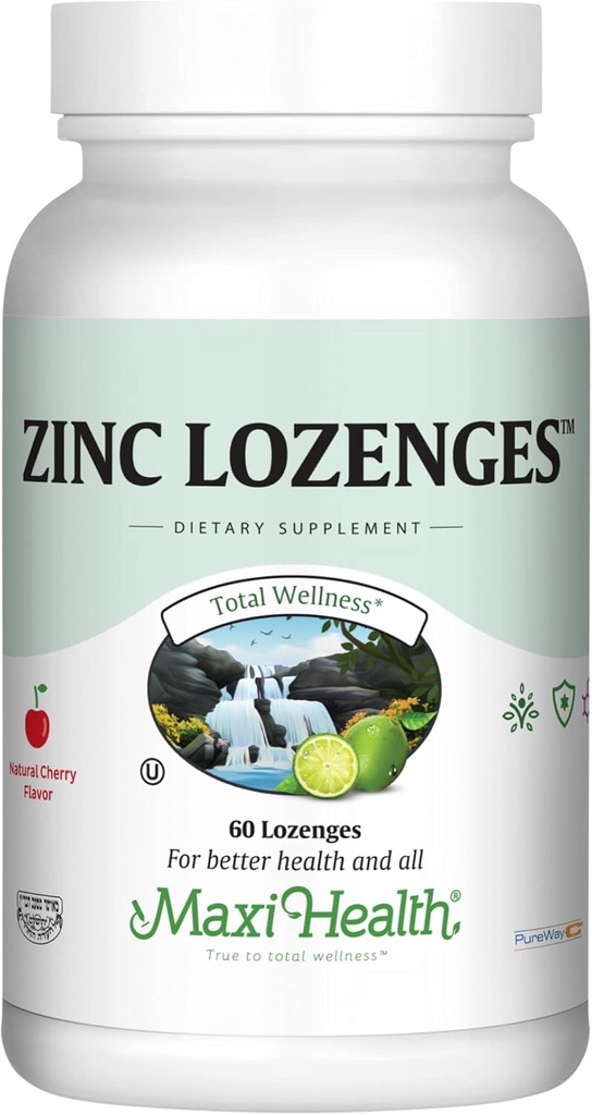 Maxi- Health Zink Lozenges - Zink Citrate 10mg - med C-vitamin - Cherry Flavor - 60 Chewables - Kosher