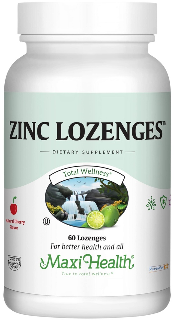 Maxi- Health Zink Lozenges - Zink Citrate 10mg - med C-vitamin - Cherry Flavor - 60 Chewables - Kosher