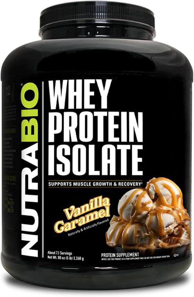 NutraBio 100% Whey Protein Isolate Protein Powder, 25g Protein med komplet Aminosyreprofil, Non- GMO, Soy & Gluten Free, Low Carb, Low Calorie Whey Protein Powder, Vanilla Caramel, 5 Lbs