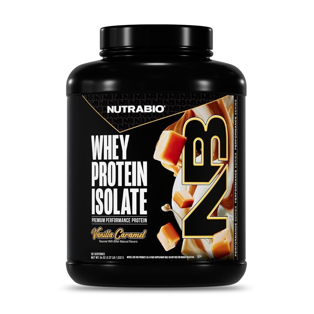 NutraBio 100% Whey Protein Isolate Protein Powder, 25g Protein med komplet Aminosyreprofil, Non- GMO, Soy & Gluten Free, Low Carb, Low Calorie Whey Protein Powder, Vanilla Caramel, 5 Lbs