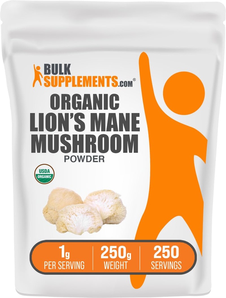 BulkSupplements.com Organic Lions Mane Mushroom Powder - Lions Mane Powder, Mushroom Supplement - Vegan & Gluten Free, 1g per Serving, 250g (8,8 oz) (Pack of 1)