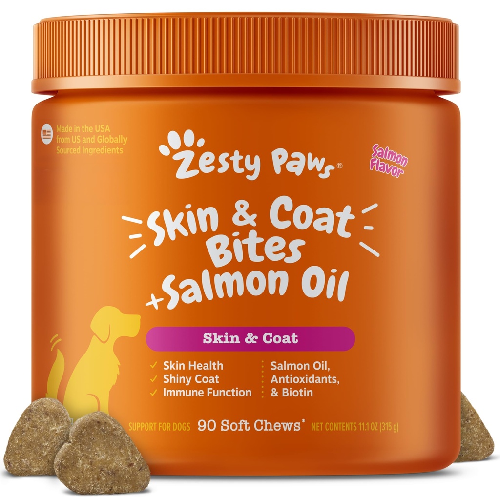 Zesess Paws Salmon Oil for Dogs Hud og Coat, Omega 3 Fish Oil Chews, Hund Allergy Relief Chews, Itch Relief Supplement, 90 Greve, Salmon Flavor