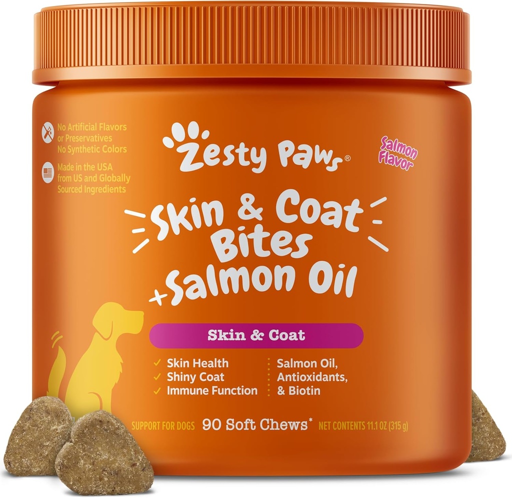 Zesess Paws Salmon Oil for Dogs Hud og Coat, Omega 3 Fish Oil Chews, Hund Allergy Relief Chews, Itch Relief Supplement, 90 Greve, Salmon Flavor