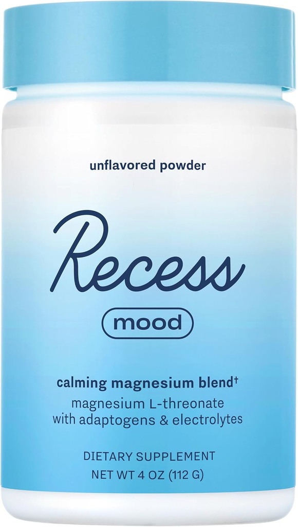 Recess Mood Powder, Calming Magnesium L- Threonate Blend med Passion Flower, L- Theanine, Electrolytes, Magnesium Calm Support Powder supplement - Unflavored 28 Serving Tub