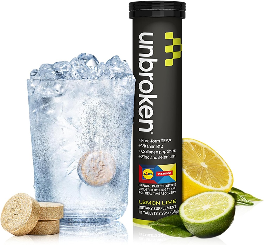 UNBROKEN 9EAA / BCAA Recovery Tablets (60% FREE- FORM / 40% Di- & Tri- Peptider), Aminosyrer Supplement for hurtigere inddrivelse & mindre muskelømhed, Post & Pre- workout for mænd & kvinder, 10 Ser., Lemon Lime