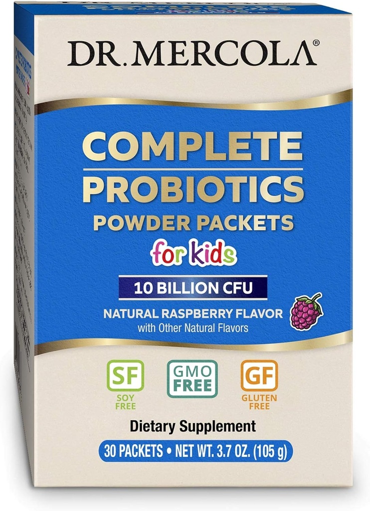 Dr. Mercola Complete Probiotika Powder Pakker til børn - Understøtter fordøjelse og immunforsvar - 10 Strops - med Prebiotika - Non-GMO, Gluten- Free & Soy- Free - 30 Pakker