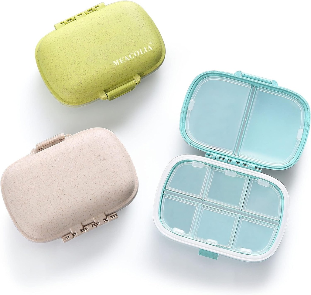 MEACOLIA 3 Pack 8 Compartments Travel Pill Organizer, Daily Pill Case Lille Pill Box til Pocket Purse, Portable Pill Container Medicine Vitamin Organizer (Multi- farvet)