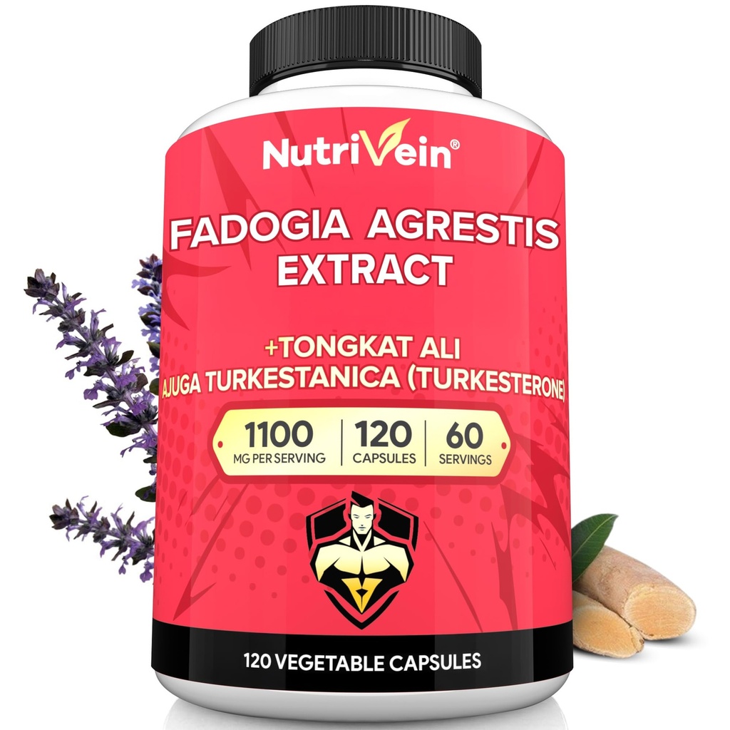 Nutrivein Premium Fadogia Agrestis og Tongkat Ali tillæg med Turkesterone - 1100 mg - 120 Caps - Synergistisk Blend for ydeevne, styrke, & Inddrivelse for mænd og kvinder i alle aldre