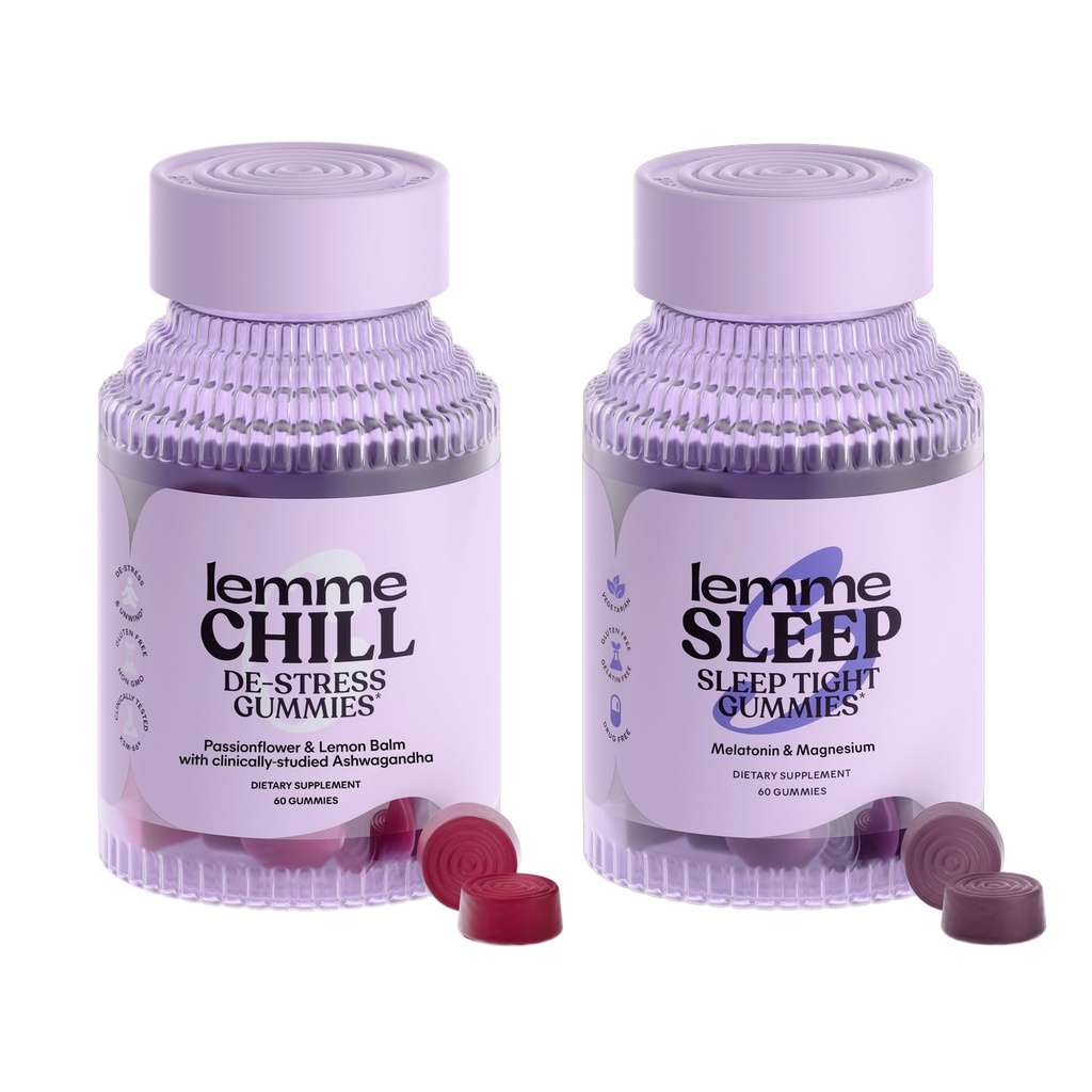 Lemme Chill & Sleep Bundle - Stress Relief Gummies med KSM- 66 Ashwagandha & Deep Sleep Gummies med Melatonin og Magnesium til at falde hurtigere - Gluten- fri og ikke-GMO (Variety Pack of 2)