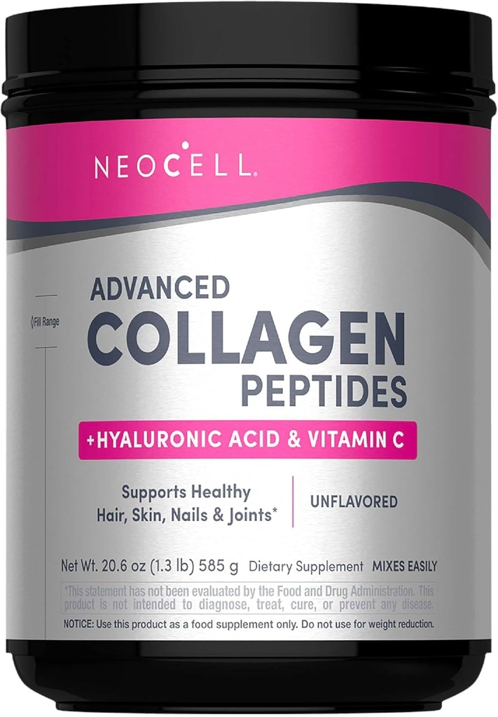 NeoCell Super Collagen Pulver, Collagen Plus omfatter C-vitamin & hyaluronsyre, fremmer sundt hår, smuk hud, & nail support, Collagen type 1 & 3, 12g Collagen per Serving, 20.6 Oz