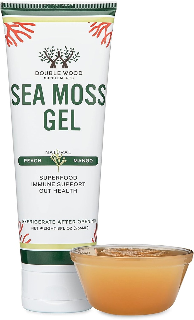 Sea Moss Gel (Organic, Raw, Wildcrafted Irish Sea Moss) 8 Fl Oz Peach Mango Flavored Seamoss Gel, 31 Day Supply (Superfood med kun 5 kalorier per servering, 1 Gram Tilføjet sukkerarter) af Double Wood