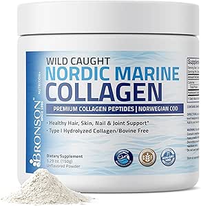 Bronson Marine Collagen Peptider Hydrolyzed Protein Powder 100% Wild Fanget Nordic Cod Verified Sustainable Source for Joints Skin Hår Nails & Bones 150g (5.29oz)
