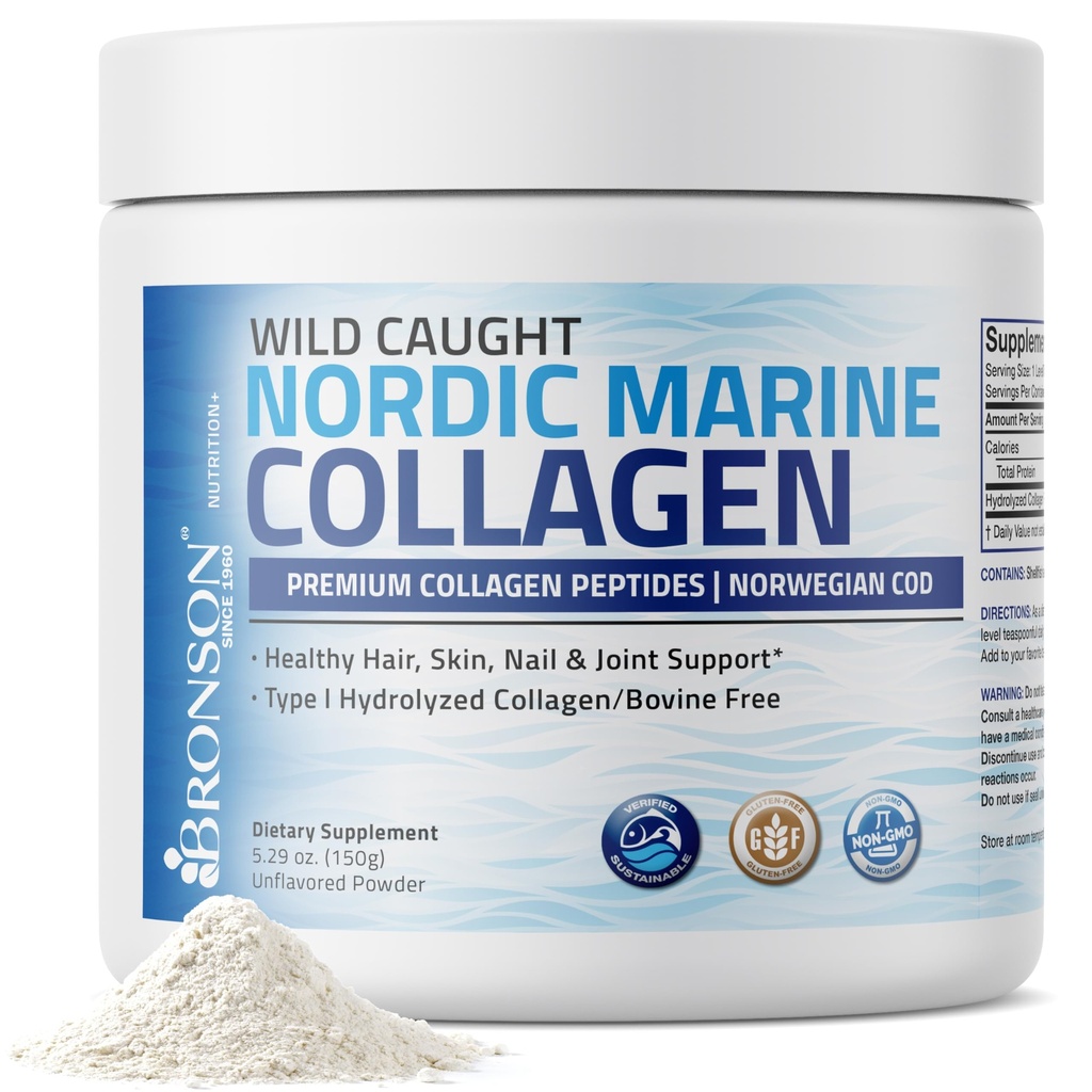 Bronson Marine Collagen Peptider Hydrolyzed Protein Powder 100% Wild Fanget Nordic Cod Verified Sustainable Source for Joints Skin Hår Nails & Bones 150g (5.29oz)