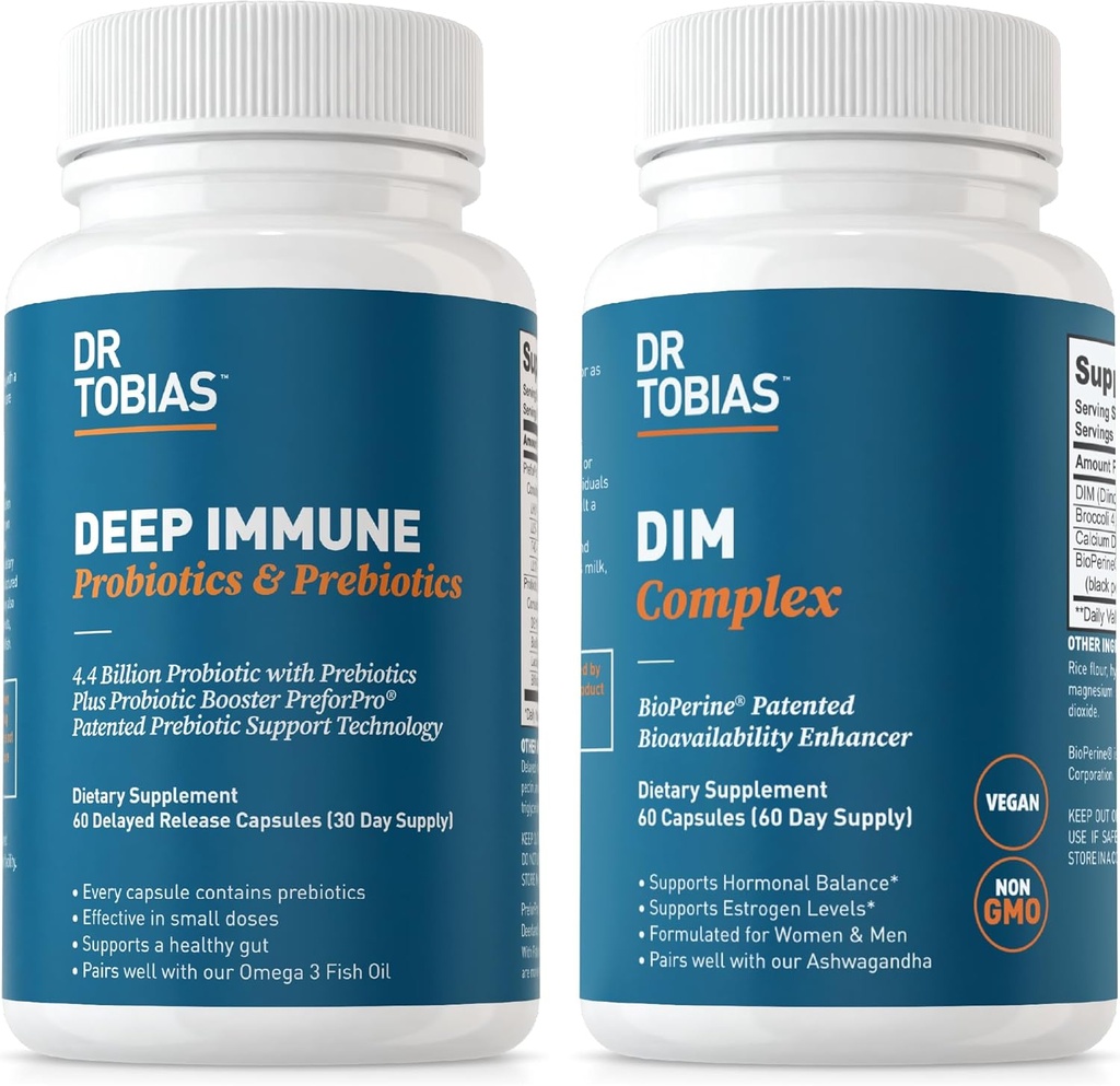 Dr. Tobias Deep Immune Probiotika & Prebiotika og DIM Complex, understøtter fordøjelsessygdomme, Gut immunfunktion, Hormone Balance for kvinder og mænd