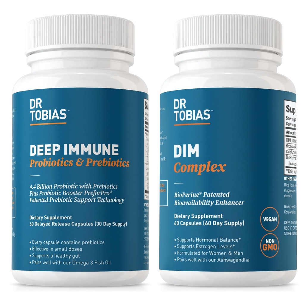Dr. Tobias Deep Immune Probiotika & Prebiotika og DIM Complex, understøtter fordøjelsessygdomme, Gut immunfunktion, Hormone Balance for kvinder og mænd