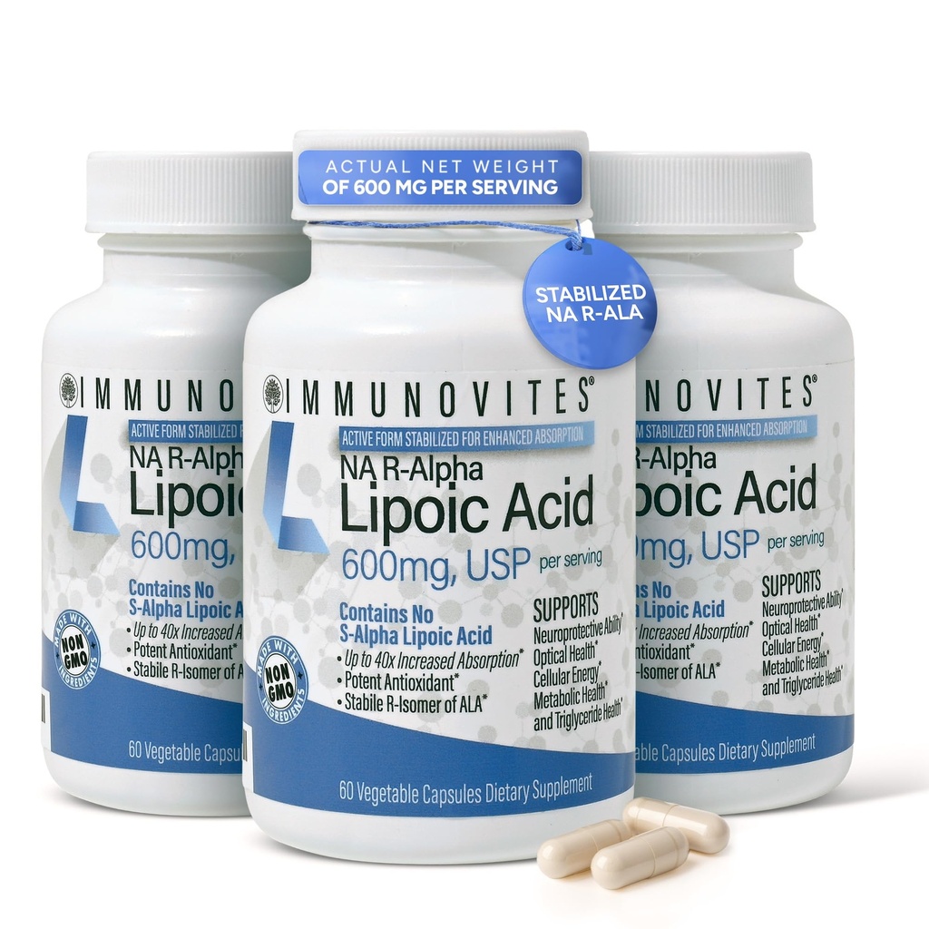 IMMUNOVITES 3- Pack Stabilized R- Alpha Lipoic Acid ((True)) 600mg per servering [[Høj potens & op til 40x Øget Absorption]] (Na R- ALA) (Na R- LA) (Na R- Lipoate) (3 flasker)