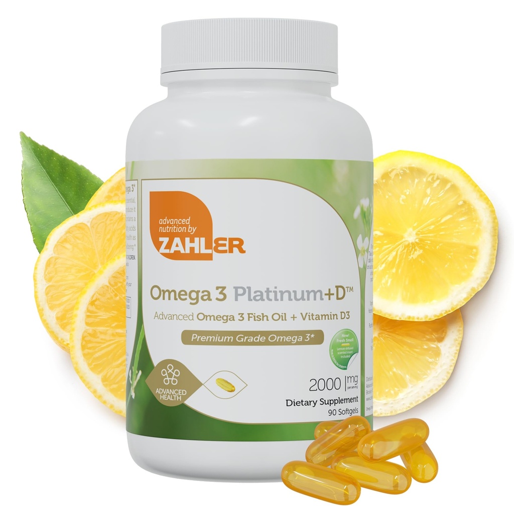 Zahler Omega 3 Platinum + D, All- Natural Pure Fish Oil Supplement, Burpless Softgel med ingen Fishy Eftersmag, Højeste i EPA og DHA, Certified Kosher, 90 Softgels
