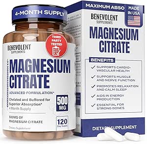 Premium Magnesium Citrate 500mg Kapsler (Citrato de Magnesio) High Absorption Formel Chelated Buffered Citrate to Support Ditagestion, Knogle, Sleep & Muscle Health - 120 Kapsler