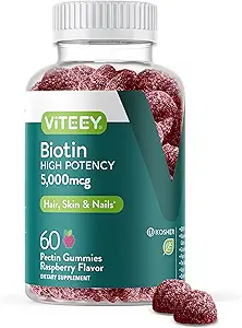 Viteey Biotin Gummies for Hår Hud og Nails - Biotin for Hår Vækst Gummies - 5000 mcg - Vegan, Gluten- Free, Non- GMO - 60 Greve