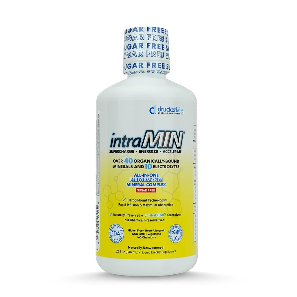 Drucker Labs - intraMIN Organic Liquid Minerals Supplement for mænd, kvinder, børn, immunforsvar og muskelstøtte, Non GMO, Gluten Free, Vegan, Electrolytes, Sugar Free (32 oz., Unflavored)