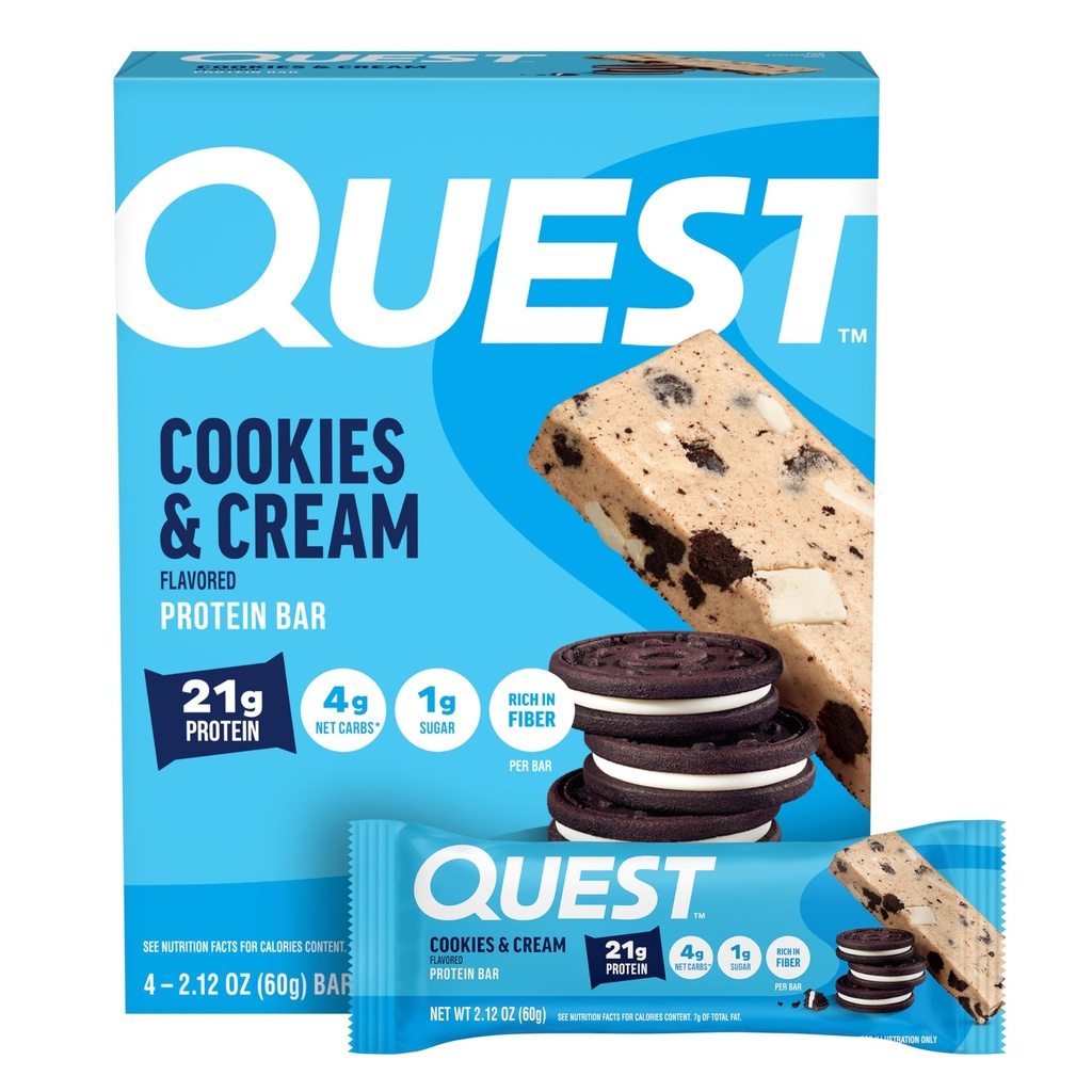 Quest Nutrition Cookies & Cream Protein Bars, 21g Protein, 4g Net Carbs, 1g Sukker, Gluten Free, Keto Friendly, 4 Greve
