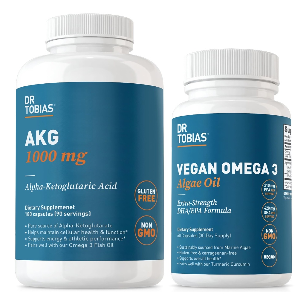 Dr. Tobias AKG Supplement & Vegan Omega 3 Alger Oil, Support Cellular Energy & Samlet Sundhed med AKG, EPA & DHA, Vegan, Gluten- Free, Non- GMO
