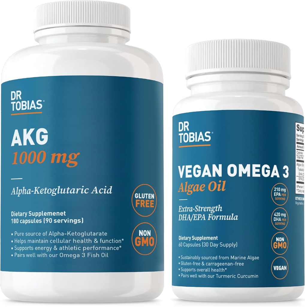 Dr. Tobias AKG Supplement & Vegan Omega 3 Alger Oil, Support Cellular Energy & Samlet Sundhed med AKG, EPA & DHA, Vegan, Gluten- Free, Non- GMO