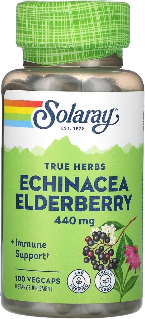SOLARAY Echinacea og Elderberry Kapsler, 440 mg 2 gange daglig; 100 Tælling