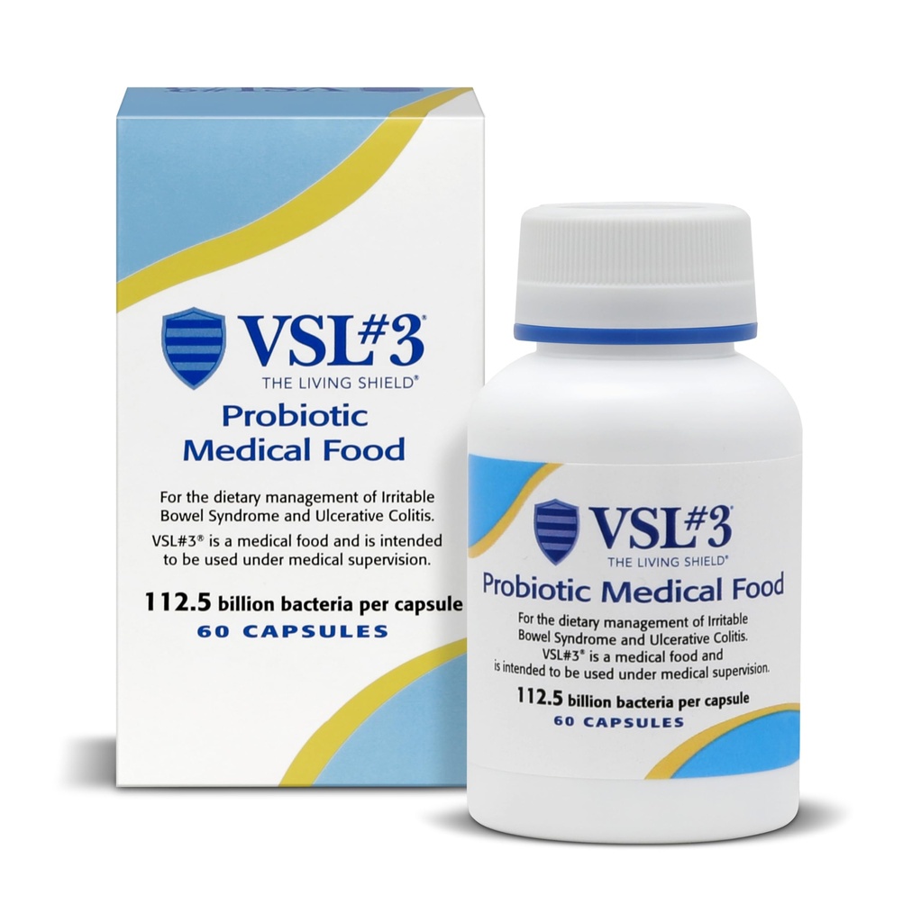 VSL # 3 ® Probiotika til fordøjelsessygdomme, IBS & UC Symptomer - 112.5B CFU 'er, High- Potency, Multi- Strain, Live, Kølemiddel Probiotika, Medical Food for Gut Health Support hos mænd og kvinder, 60 kapsler