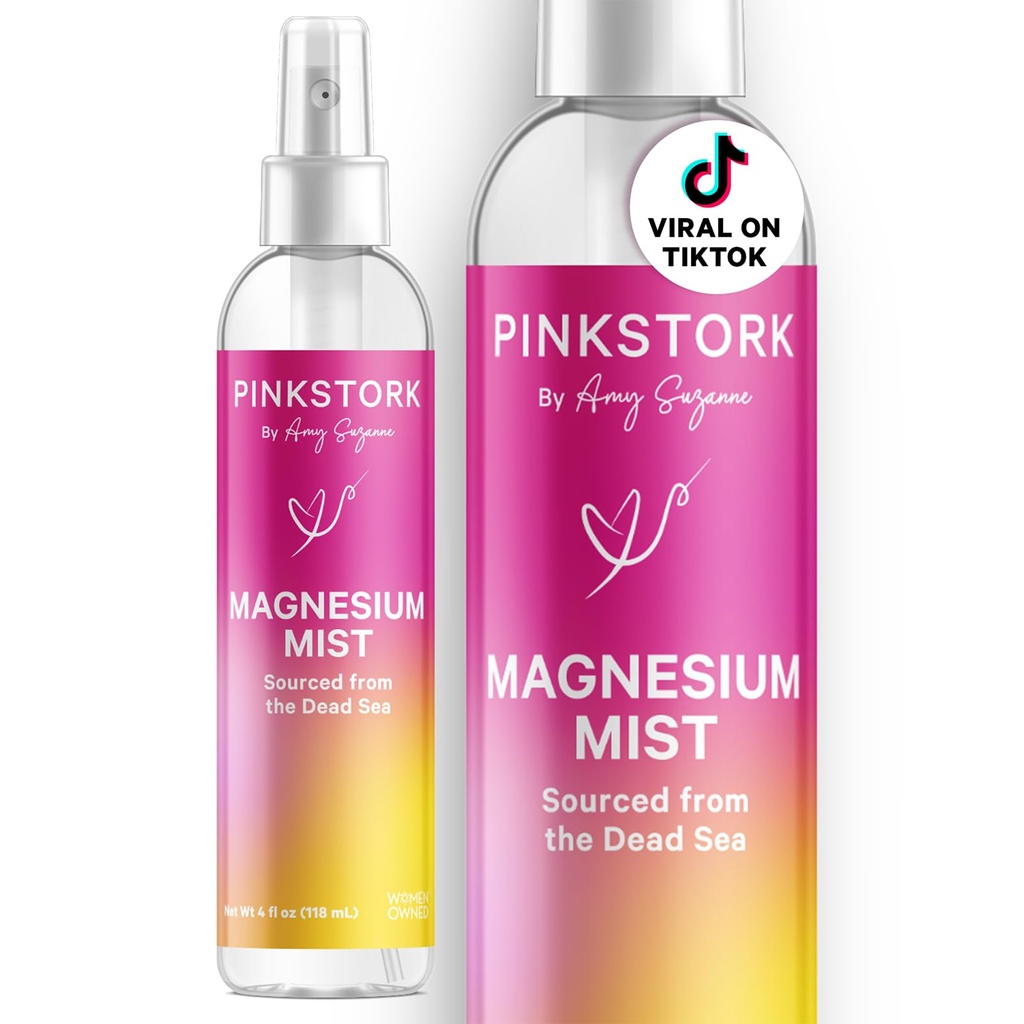 Pink Stork Magnesium Spray Mist - for rolig, stress, og søvn, Seasonic Support, Graviditet skal Haves, 200 mg pr 6 sprays, Pure Magnesium Chloride Body Spray, 4 oz, uduftende