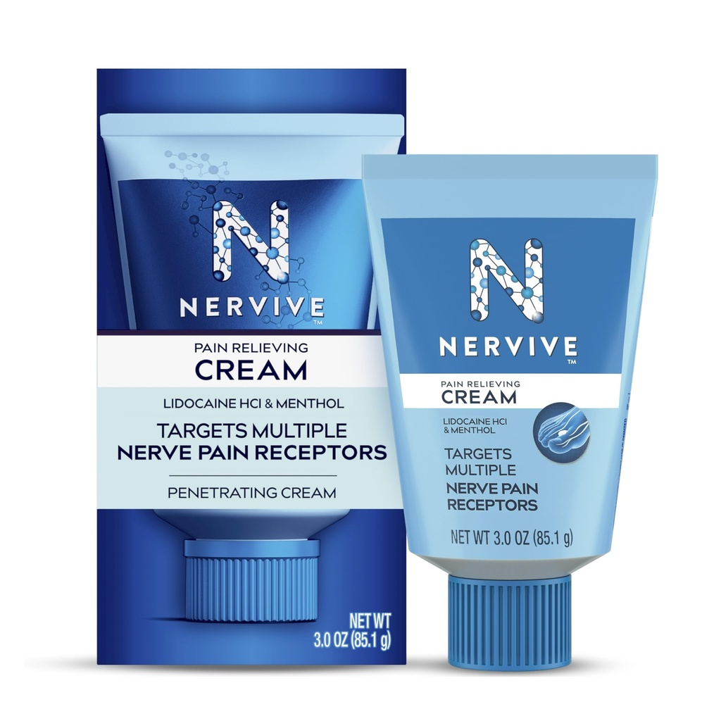 Nervive smertelindring Cream, Max Strength Non- Greasy Topical Pain Reliever med Lidocain og menthol til legetøj, Feet, Fingers, Hands, Legs & Arms, 3.0oz