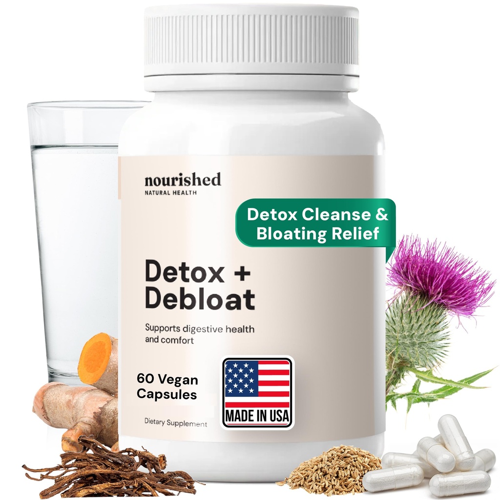 Nourised Natural Health Detox + Debloat - Milk Thistle & Mælkebøtte Root Vegan tillæg for kvinder - Bloating Relief & fordøjelsesstøtte - 60 kapsler