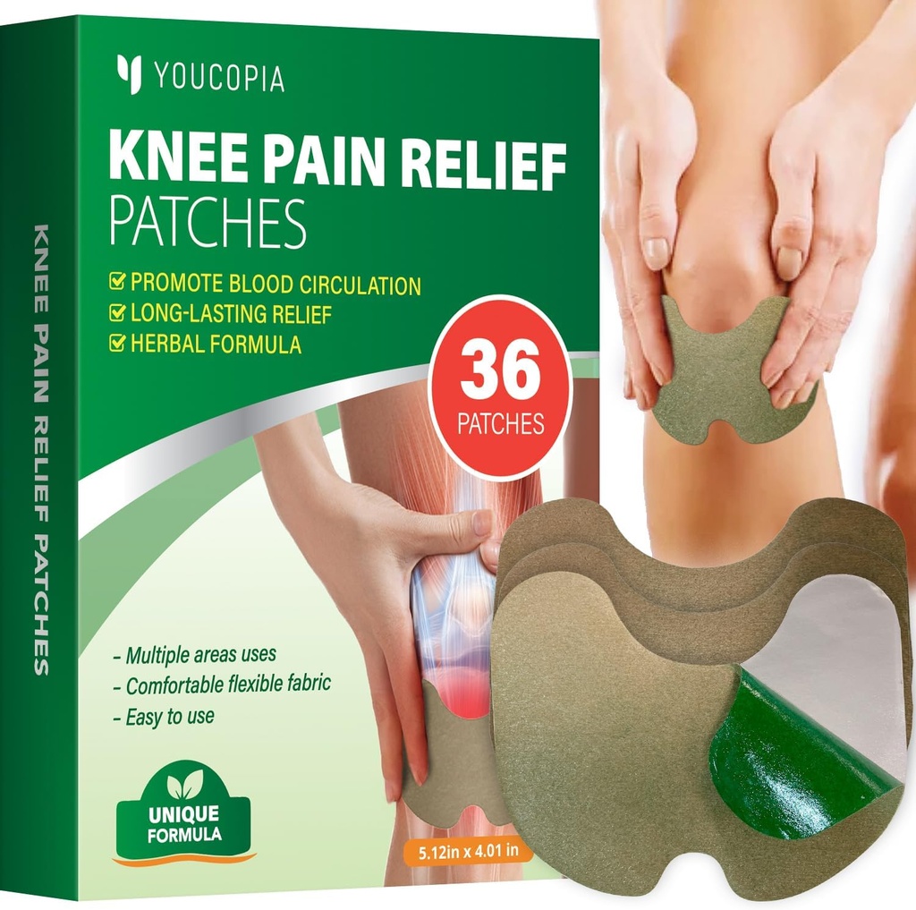 YOUCOPIA Knee Pain Relief Patches: 36 Count Natural Herbal Reliving Paste for Long Lasting Muscle og fælles Relief - Mugwort Arthritis Heat Patches Kit