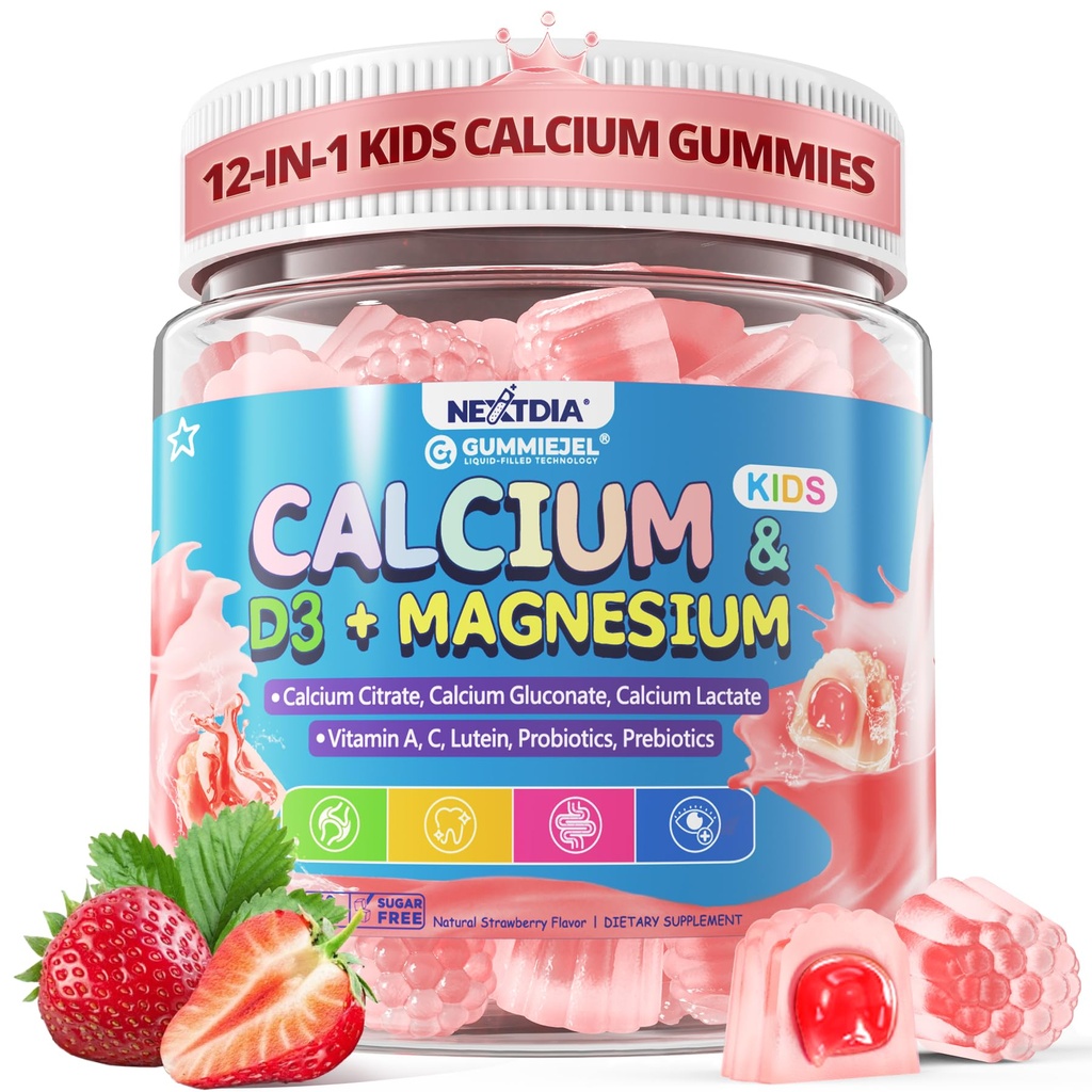 Kids Calcium Gummies + D3 & Magnesium til 4 +, med Calcium Citrate Calcium Gluconat, Calcium Lactat, Probiotika & Prebiotika til børn Knoglesundhed, Muskelstøtte, fordøjelsessygdomme, Sukker Free 60Cts