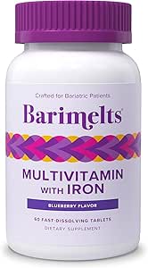 BariMelts Bariatric Multivitamin med jern - 1 måned Tilgang (60 fast- opløsning tabletter) - Sukkerfri - Post- Op Bariatric Vitaminer - Naturlig blåbær Flavor