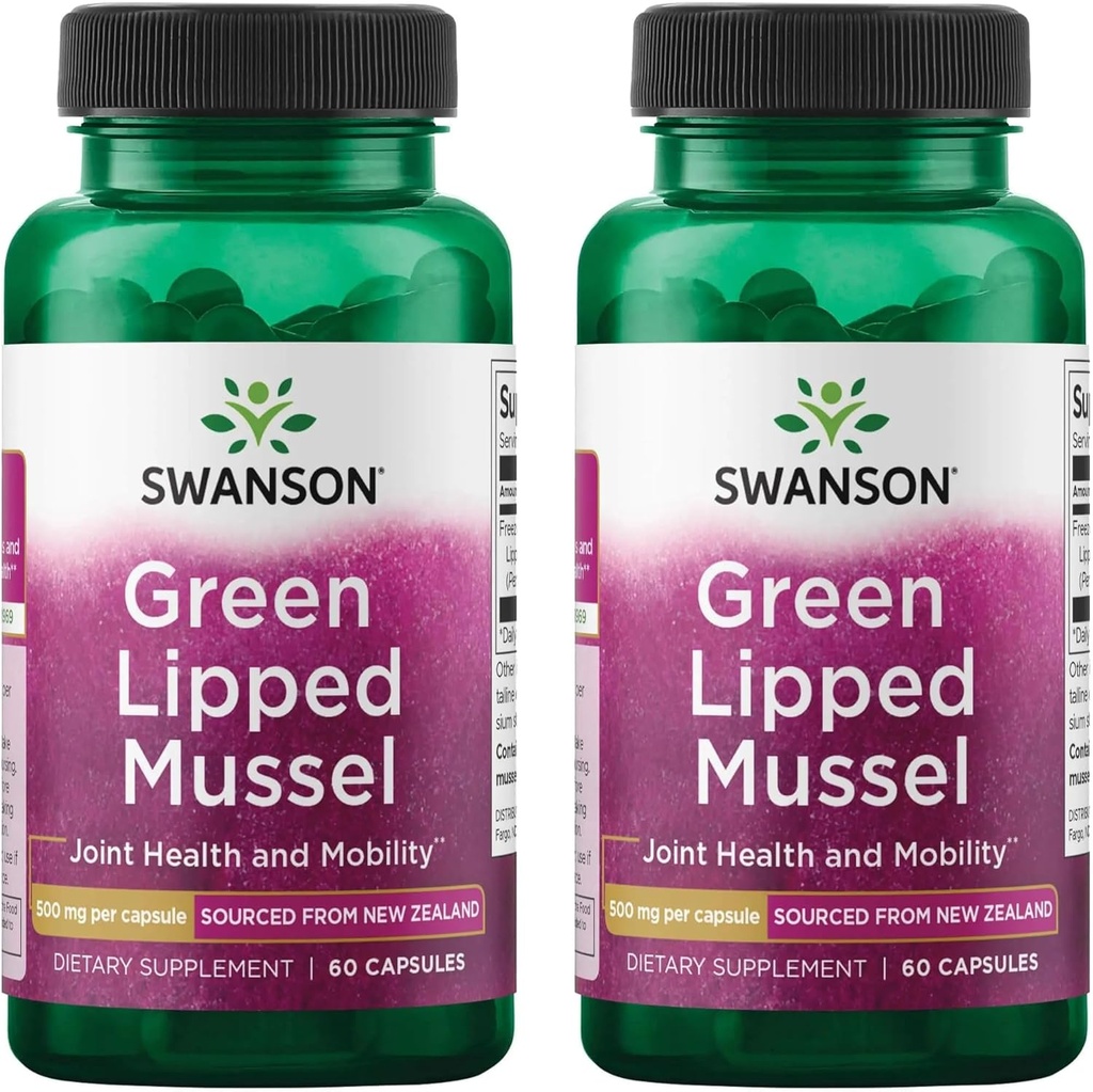 Swanson Green Lipped Mussel (Freeze- Tørret) - New Zealand Joint Health & Mobility Supplement - Natural Formel May Support Heart Health & fordøjelsesfunktion - (60 kapsler, 500mg Hver) (2 Pack)