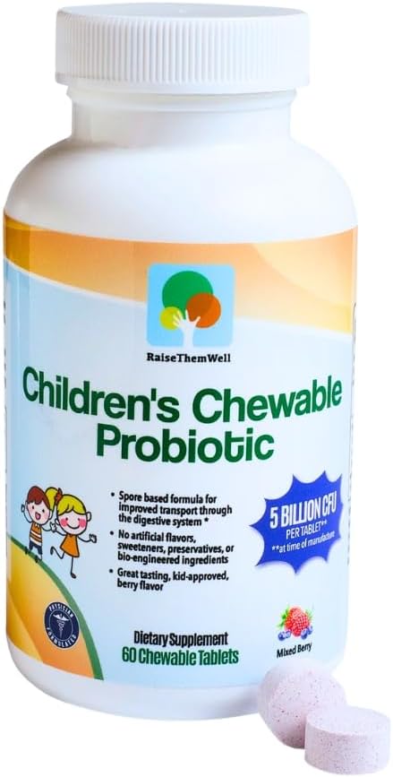 Hæv dem godt Børns Probiotiske, Chewable Gut Sundhed Tablets for Kids, Understøtter fordøjelse, Immunitet & Nutrient Absorption, Ingen kunstige tilsætningsstoffer, Blandede Berry, 60 Servering