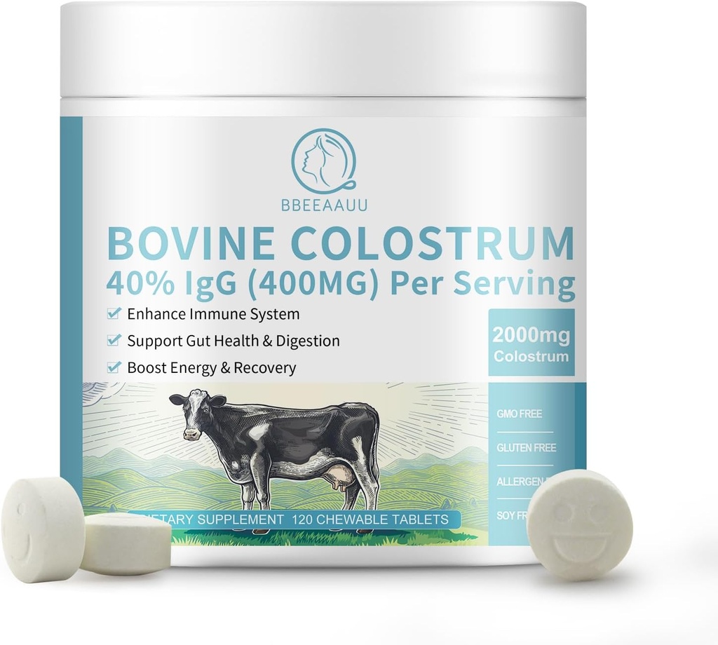 Bovine Colostrum 120 Chewable Tablets, 2000mg Colostrum Supplement 40% IgG, for Immune Support, Gut Health, Hair Growth, Energy, 100% Grass Fed & First-Milking, Gluten-Free, Soy-Free