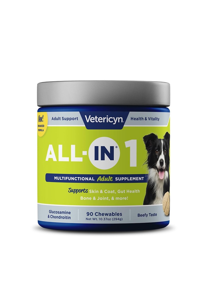 Veteryn All- in 1 Multifunktionel Hund Supplements 124; fordøjelsesenzymer + Glucosamin og Chondroitin for ben og fælles støtte + vitaminer, antioxidanter, Prebiotika, Probiotika, og Omegas. 90 Antal