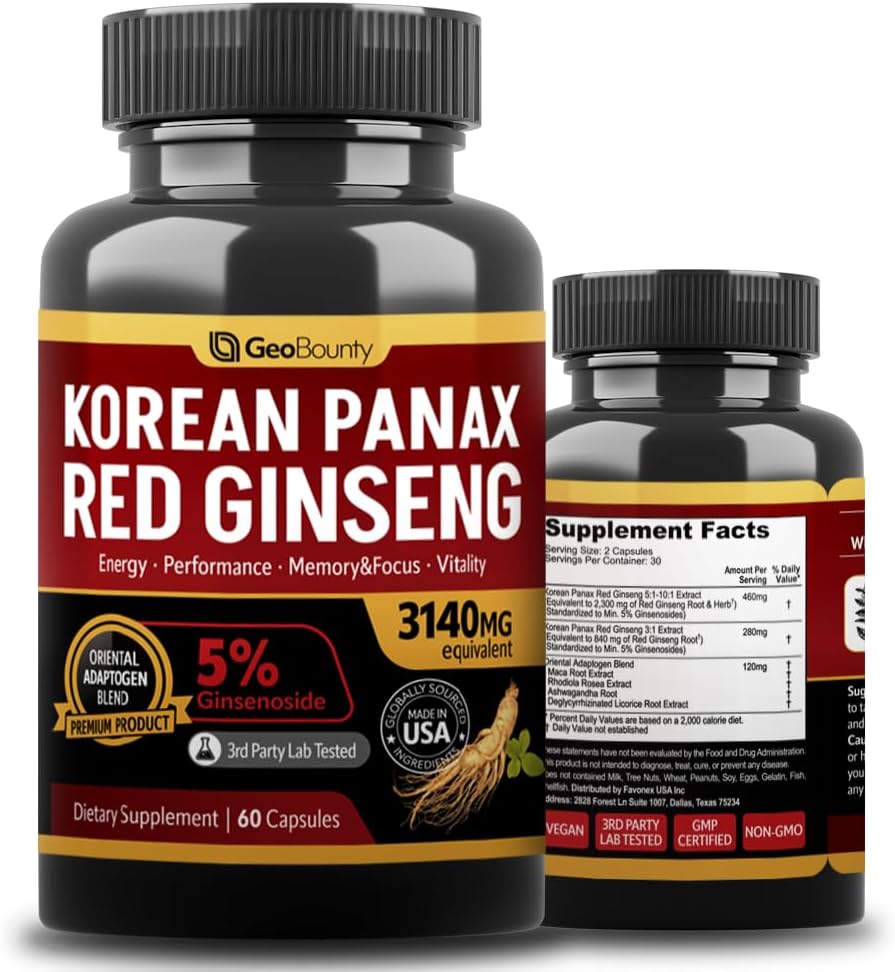 Koreansk Panax Rød Ginseng, Rød Ginseng Kosttilskud Premium 3140mg (Ginsenosid 5%) Koreansk Rød Ginseng Intensive 60 Kapsler (Maca Root) Made in USA
