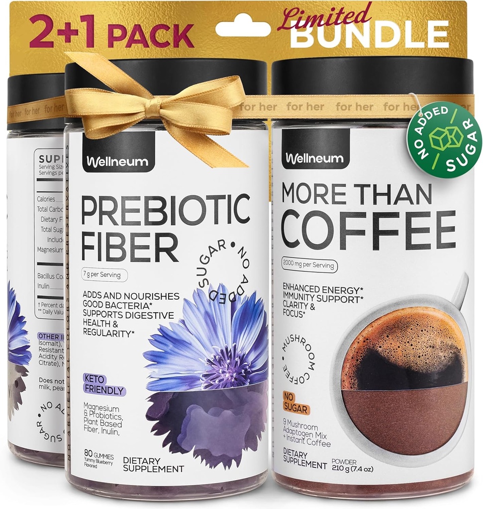 Mushroom kaffe og høj Prebiotic Fiber Gummies Bundle - 9 Mushroom Adaptogen Mix, Dietary Fiber 7G, Probiotic - Instant Mushroom kaffe og fibre Chews for Immunitet, Gut Sundhed - for mænd og kvinder