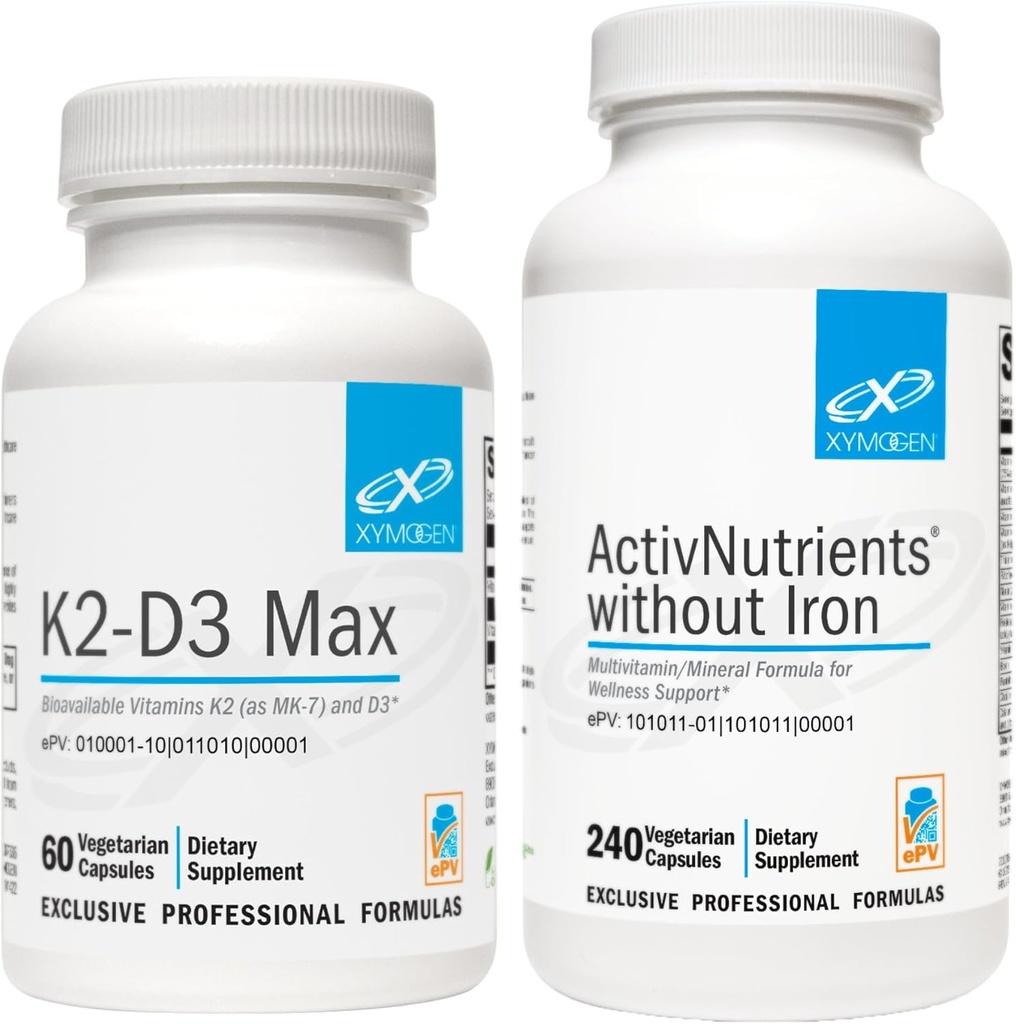 XYMOGEN ActivNutrients without Iron (240 Kapsler) + K2- D3 Max (60 Kapsler) - Multivitamin for energi og mad Support med D-vitamin 5000 IE Kapsler + vitamin K2