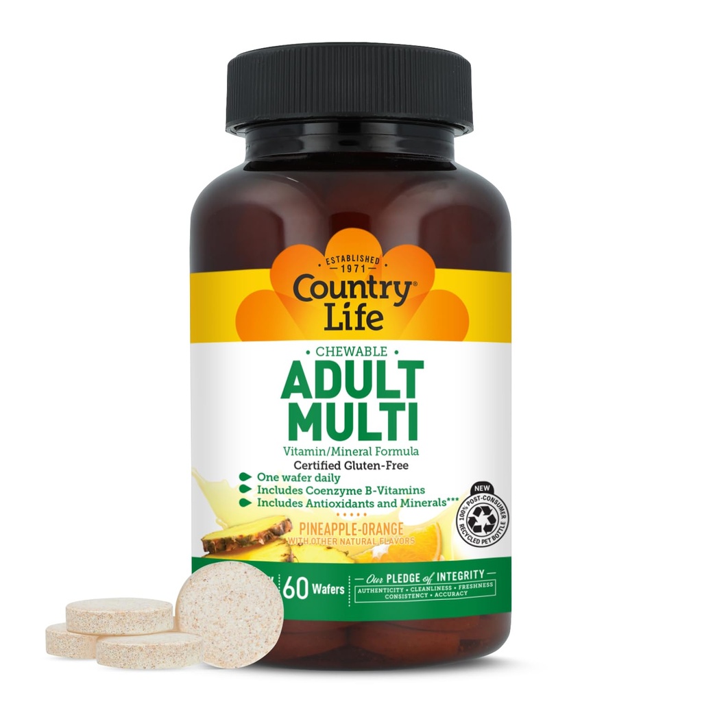 Country Life Voksen Chewable Multivitamin med Coenzym B- Vitamin, Antioxidanter, Mineraler, Pineapple- Orange Flavor - Understøtter energi Metabolisme og immunforsvar, Gluten Free - 60 Wafers