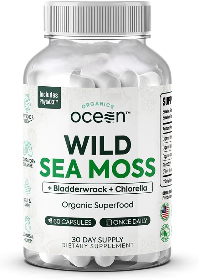 Organics Ocean Wild Sea Moss Capsules - 100% Organic Irish Sea Moss with Organic Chlorella, Bladderwrack and Vitamin D for Energy, Lung Health and Thyroid Support for Women and Men - 60 Capsules