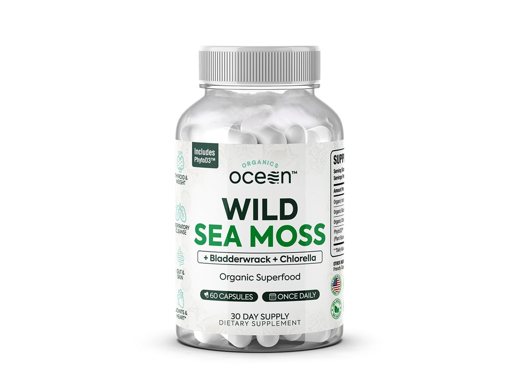 Organiske Ocean Wild Sea Moss Kapsler - 100% Organic Irish Sea Moss med Organic Chlorella, Bladderwrack og D-vitamin til energi, Lung Sundhed og Thyreoidea Støtte til kvinder og mænd - 60 Kapsler
